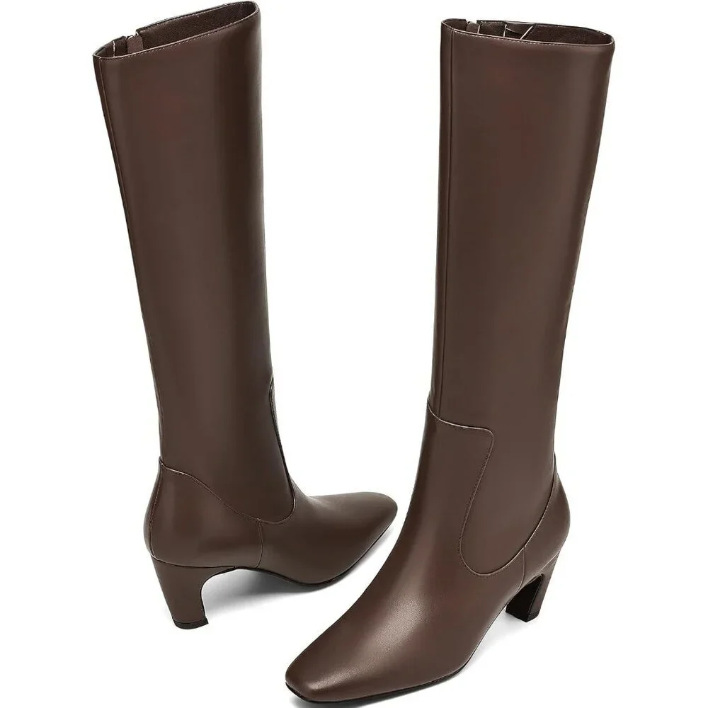 ⚡Women Faux Leather Brown Square Toe Chunky Block Heels Side Zipper  Boots